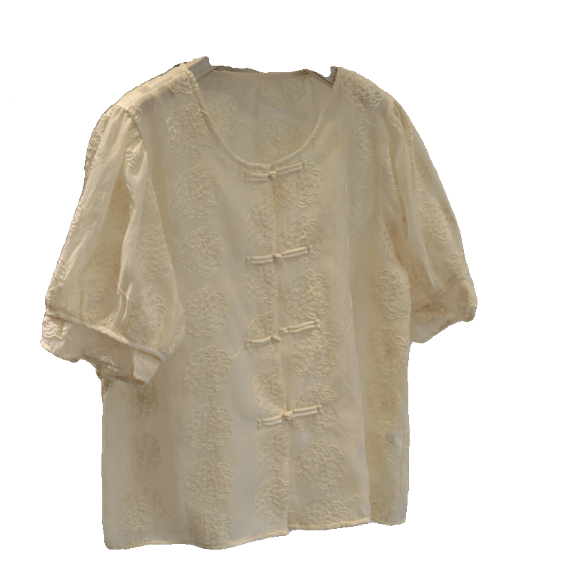 "National trend is worth getting!" New Chinese-style, European-style button-up, jacquard embroidered jacquard round-neck short-sleeved shirt for women, stylish top Item Picture