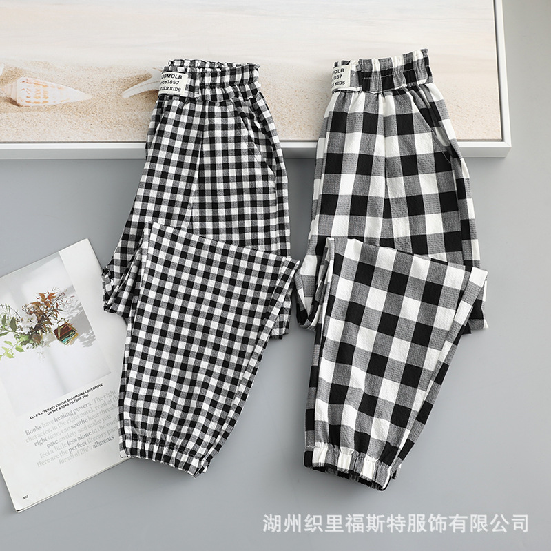 Girls' plaid casual pants, spring and autumn thin mosquito-proof pants, loose sports pants, stylish and versatile pants for middle and large children, trendy