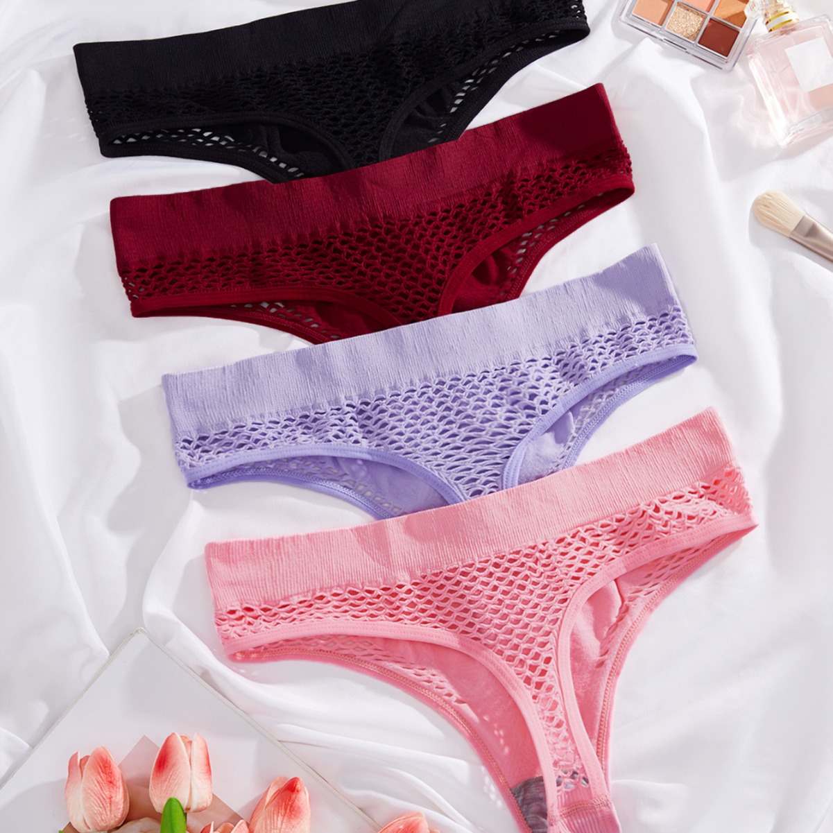 Olivia's Night Cross-border seamless Underwear, feminine feel, summer breathable, semi-hip-hugging, transparent fishing net cutout, European and American mid-waist women's briefs details Picture