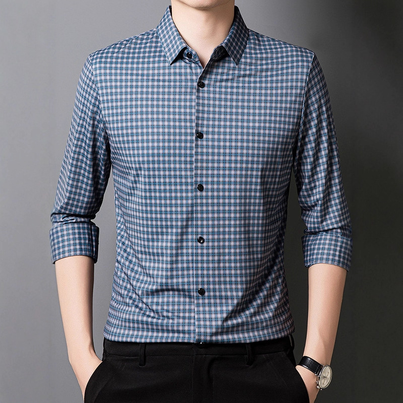Cross-border live streaming long-sleeved lapel shirt 2025 Autumn new men's checked casual fashion versatile no-iron shirt Specification image