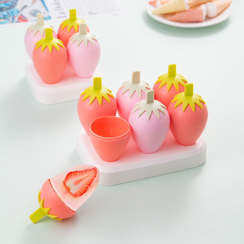 Cute fresa helado molde de silicona de grado alimenticio para niños caja de hielo hielo abrasivos para palitos para el hogar helado casero Specification image
