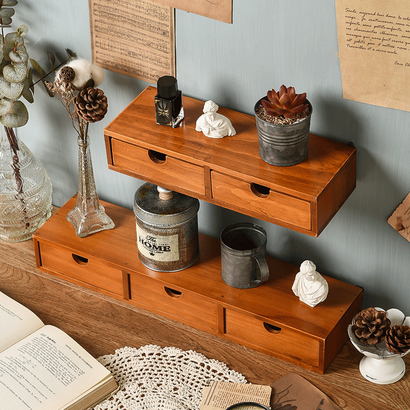 Retro Creative Desk Wall Storage Office Clutter Multi-Layer Organizer Zakka Wooden Jewelry Locker details Picture