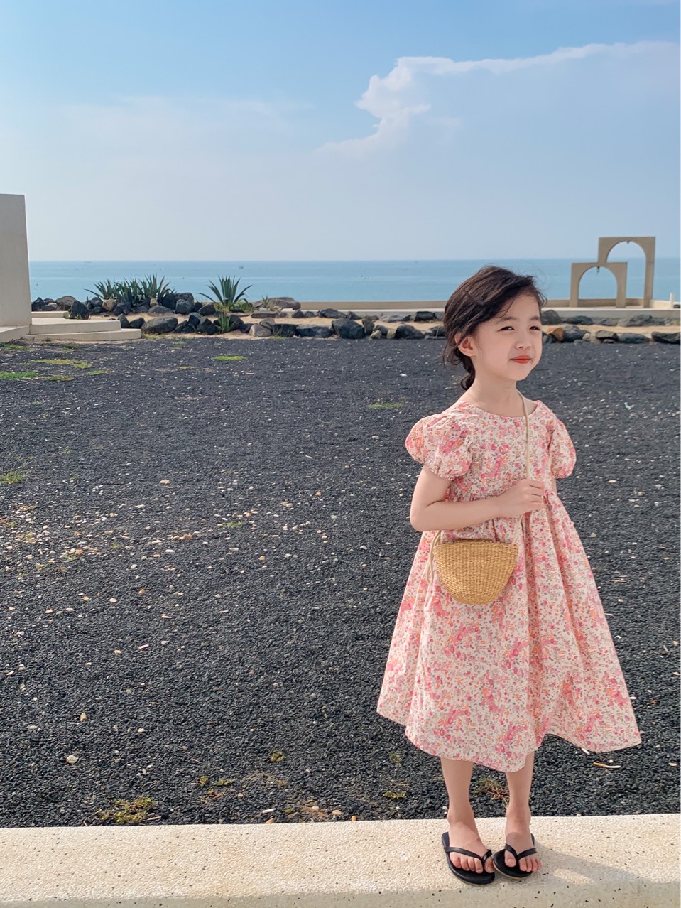 2023 Girls summer short-sleeved dress Korean version pink summer female pure color princess cotton spot skirt Application Scenario