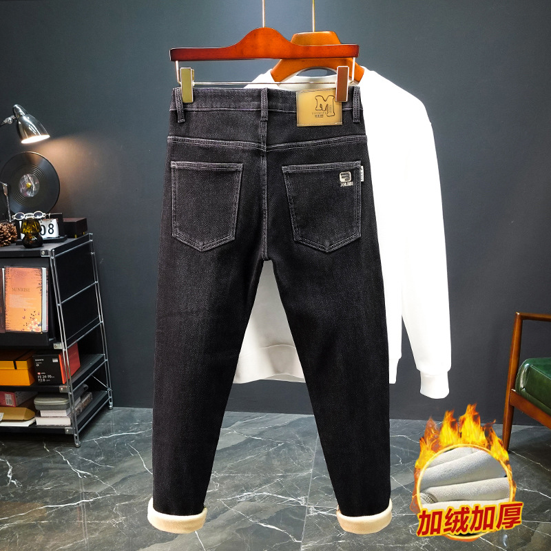 Spring and Autumn fleece and thickened jeans, men's slim-fit straight long pants, blue and black versatile, cool and stylish youth trend brand Application Scenario