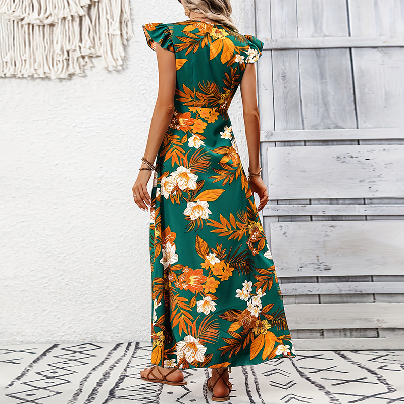 Cross-border Amazon foreign trade women's clothing 2025 Summer vacation style European and American dress flower slit mid-length dress Specification drawing