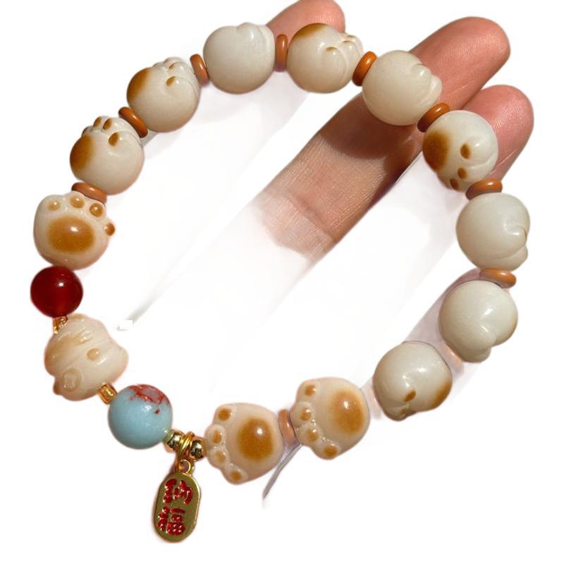 Charcoal-burned cat paw cat bracelet, female imitation white jade Bodhi seed, playful, soft Bodhi hand-held bracelet, live-streaming accessory Item Picture