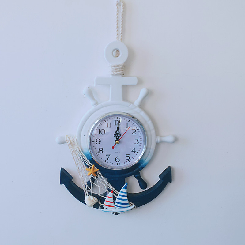 地中海风格蓝白船舵舵手船锚创意个性挂钟钟表电子表装饰航海时钟（价格面议）