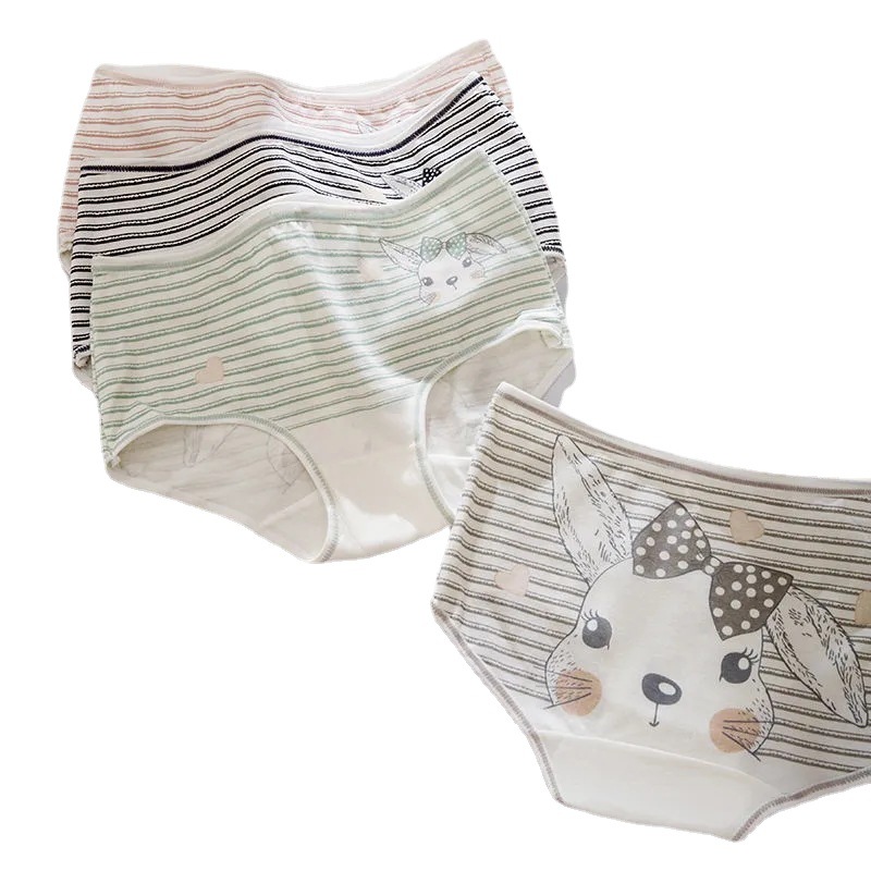 New stripe cute cartoon rabbit printed students breathable antibacterial cotton midwaist girls underwear wholesale Item Picture