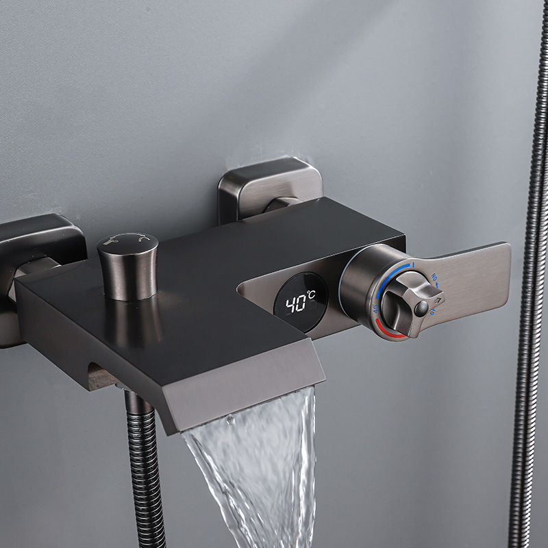 Copper Bathtub Faucet Triple Shower Mixing Valve Shower Head Large Flow Waterfall Cold And Hot Digital Display Bathtub Faucet Specification drawing