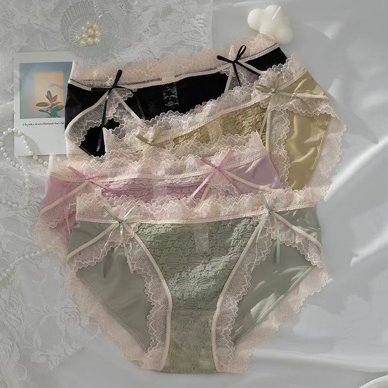 Pure jacquard lace underwear for women, high slit ice silk double bow, sexy mid-low waist and hip women's triangle pants details Picture