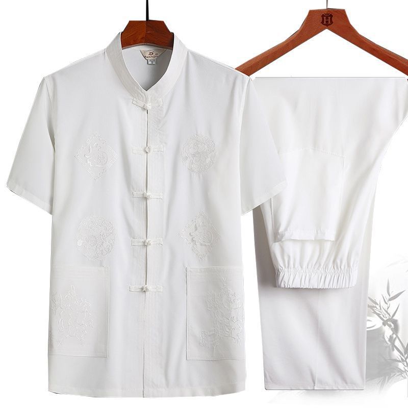 Tang Suit Male Father Summer Short Sleeve Suit Elderly Men Grandpa Chinese Dish Buckle Hanfu Male Large Size Shirt Item Picture