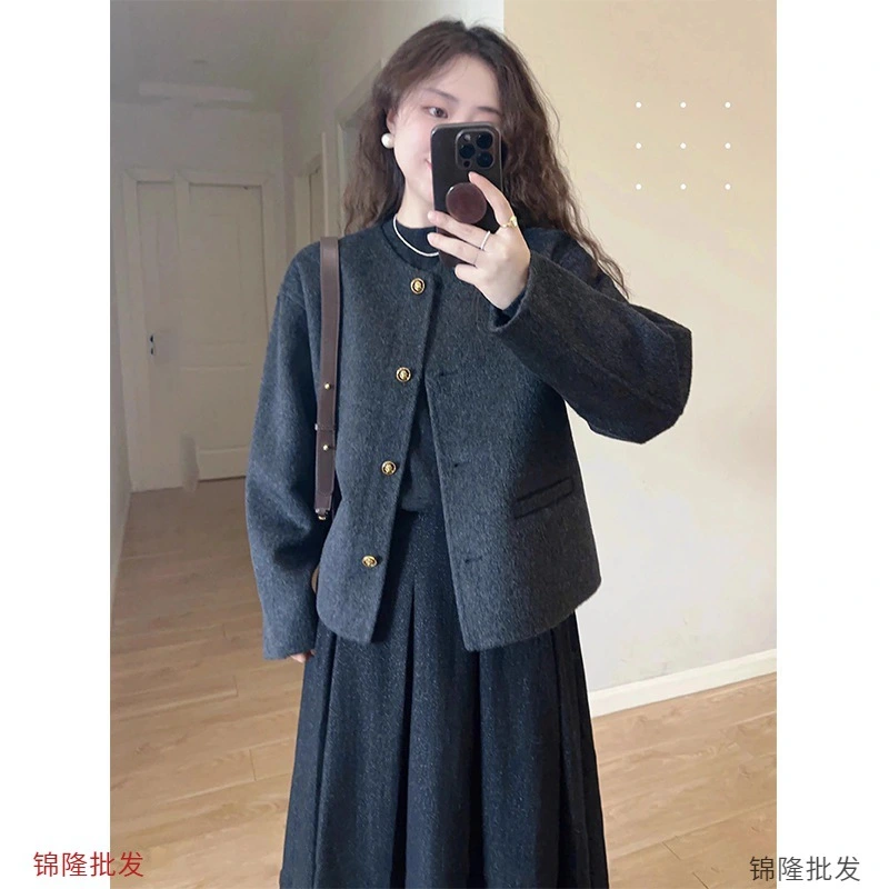 French Style Black Double-Sided Cashmere Coat Women's Autumn-Winter Wool Double-Sided Wool Short Tweed Coat