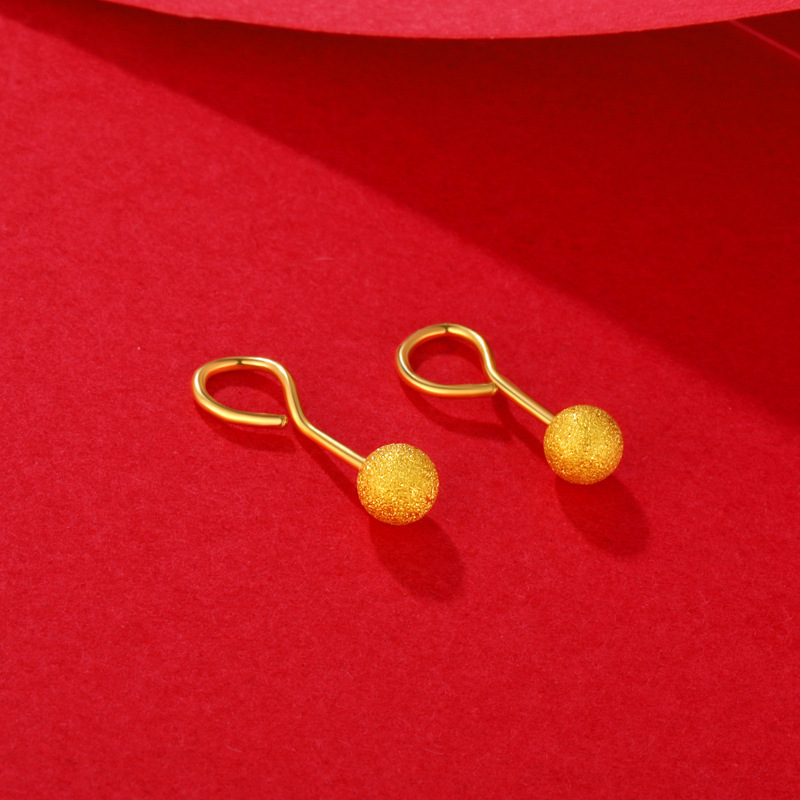 Vietnamese sand-gold frosted glitter hook stud earrings for women, simple and fashionable solid bean-shaped round beads and glossy beads straight stud earrings