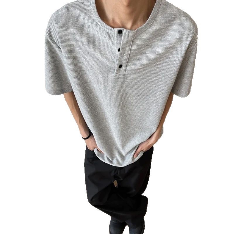 American Henry collar short-sleeved men's summer slim-fit light gray off-the-shoulder T-shirt c base layer Item Picture