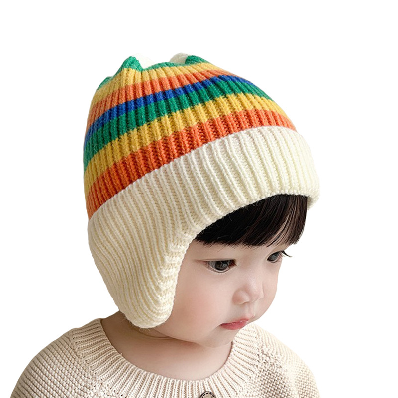 2022 Baby Hat Autumn Winter Men's And Women's Overhead Ear Protection Hat Korean Version Of Rainbow Knitted Hat Children's Warm Woolen Hat Tide Application Scenario