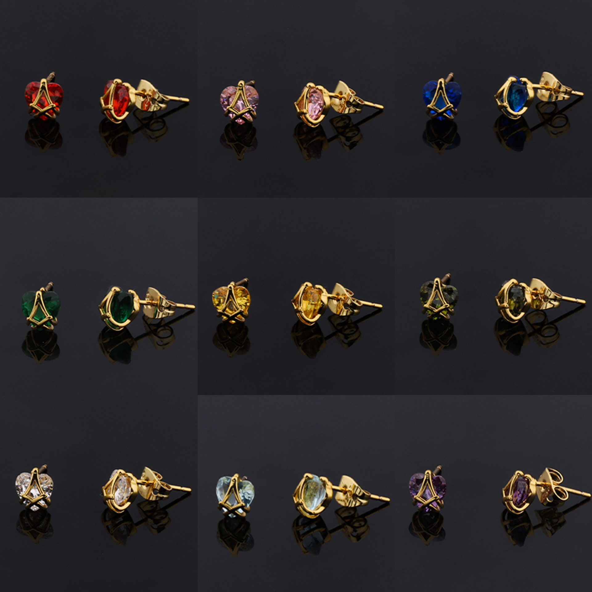 Chuangmei Jewelry's colorful synthetic cubic zirconia heart-shaped stud earrings exude a French retro charm and a high-end feel