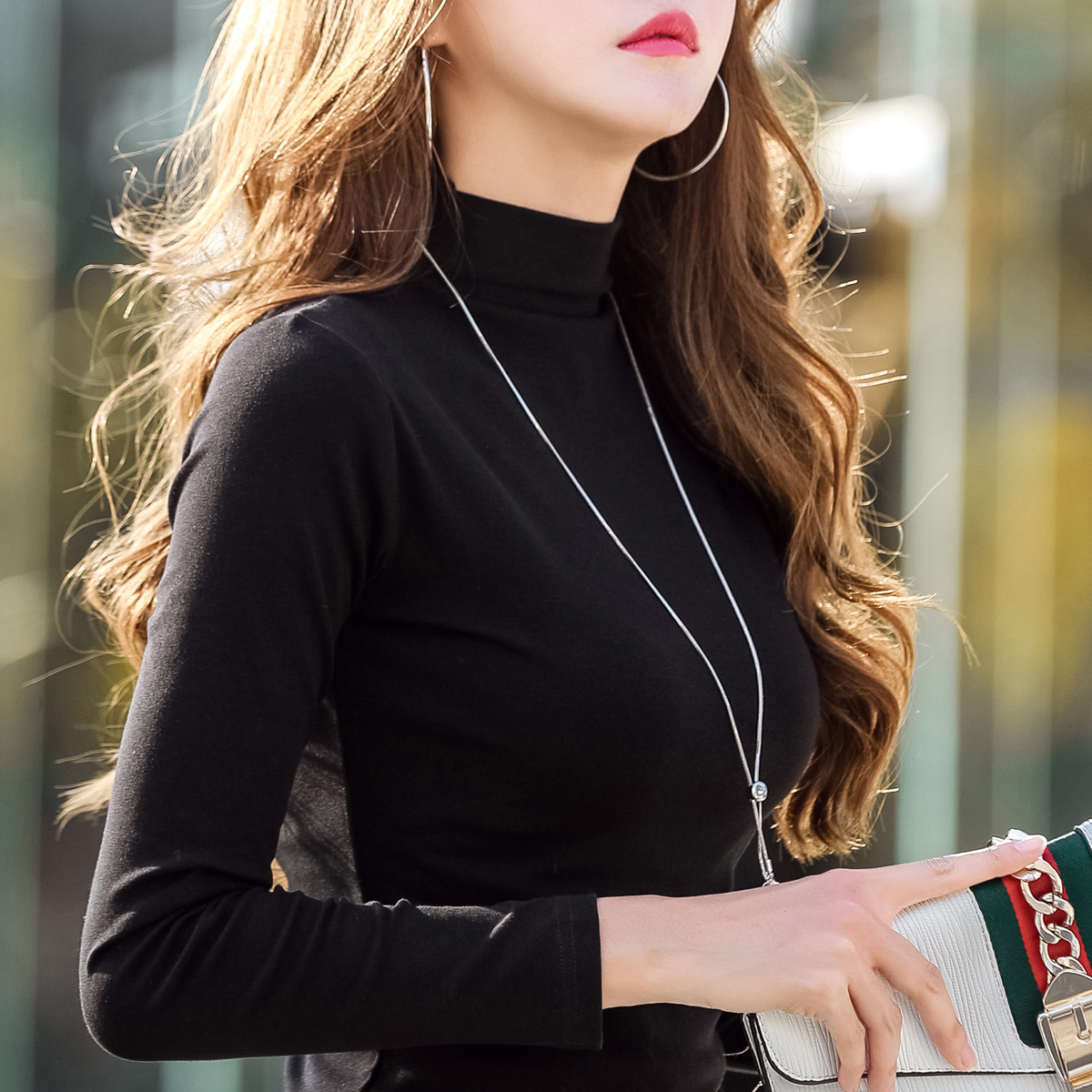 Thickened warm base layer, women's fleece T-shirt, semi-high neck long-sleeved cotton slimming mid-neck, women's long Johns, small high neck Application Scenario