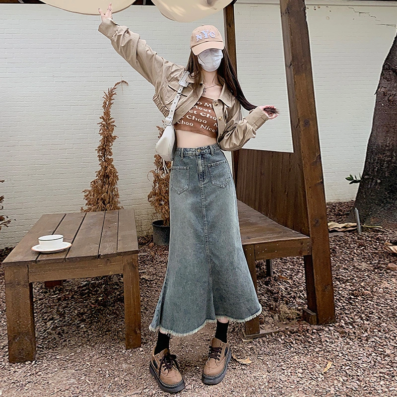 2024 Spring Denim Skirt Thin Cover Hip Bag Hip Skirt Autumn New Female High Waist Temperament All Match Fishtail Skirt