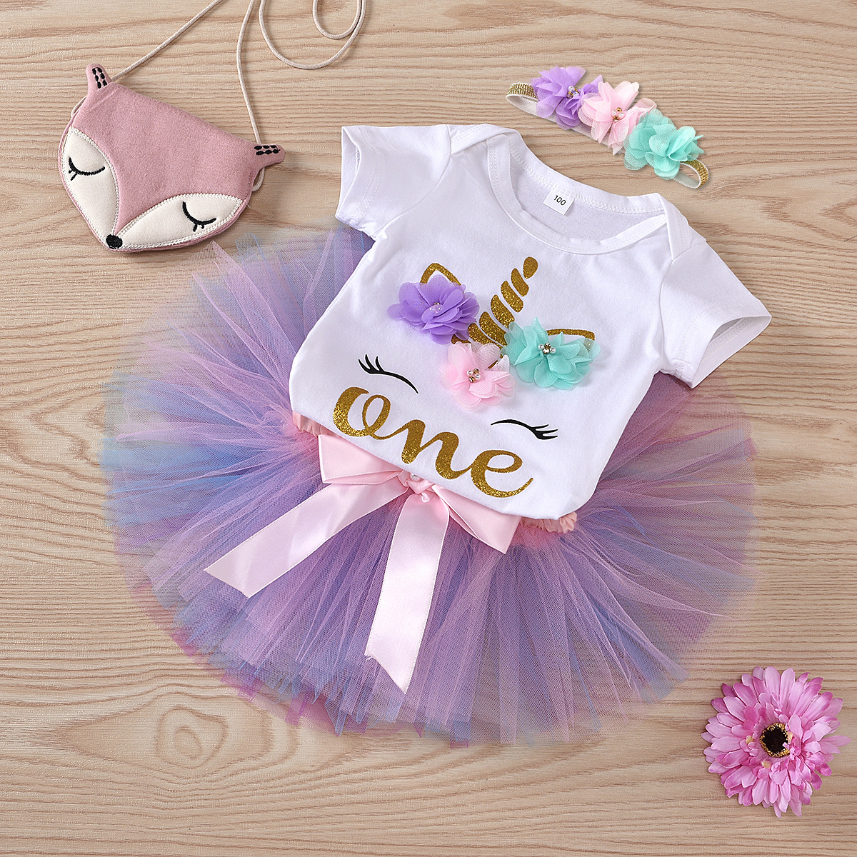 2022 New Summer one-year-old baby Unicorn Birthday Clothing, 3-piece net chiffon skirt set details Picture