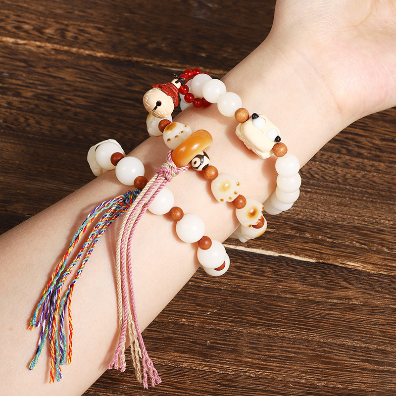 Chinese-style white jade Bodhi prayer beads bracelet, retro Gua Gua Lai CAI cultural play bracelet, national trend lion single-ring bracelet details Picture