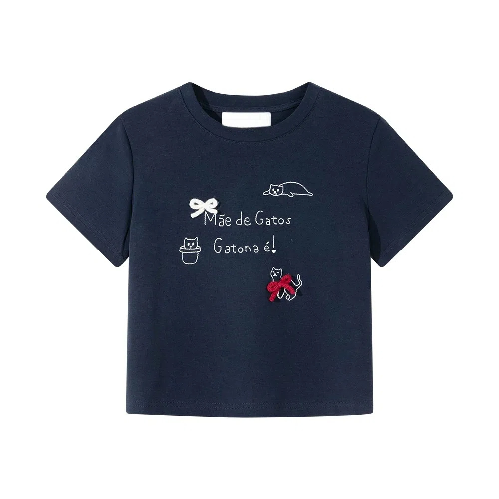 YIMI2025 New short-sleeved T-shirt with graffiti embroidery for women, a slimming and form-fitting short bow top for summer Item Picture