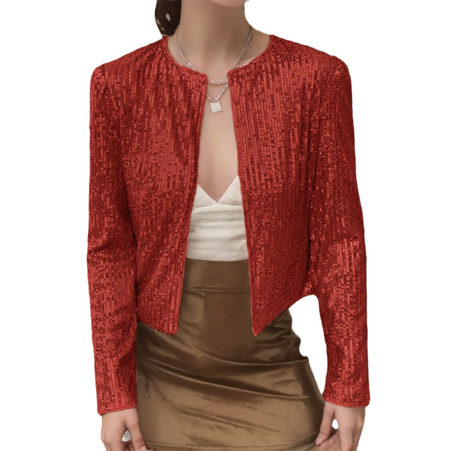 In the spring of 2025, Amazon cross-border bestsellers in Europe and America: round-neck long-sleeved solid-color cardigan, casual and versatile sequined coat for women Item Picture