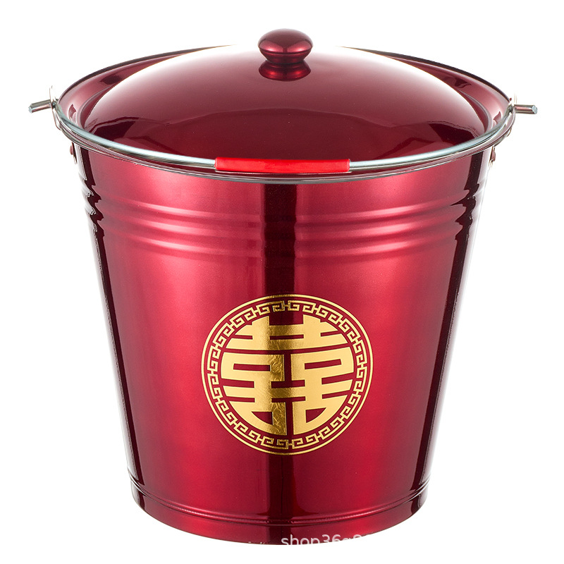 A pair of red wedding buckets for the bride's dowry, a complete collection of stainless steel water buckets for moving to a new home and wedding supplies Item Picture
