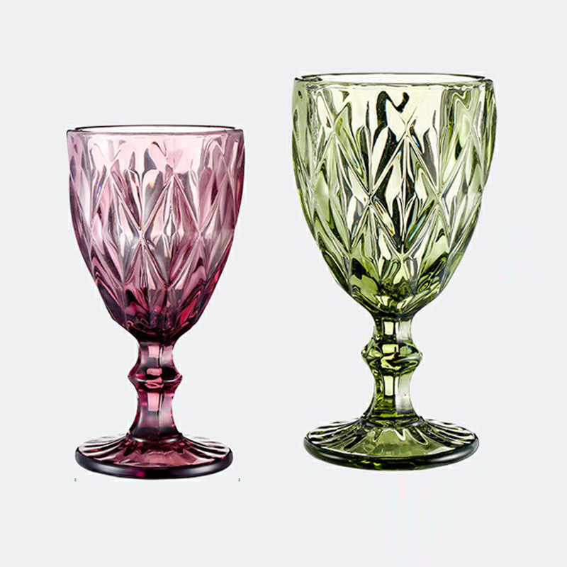 复古菱形红酒杯欧式浮雕创意彩色高脚杯加厚玻璃葡萄酒杯产品图
