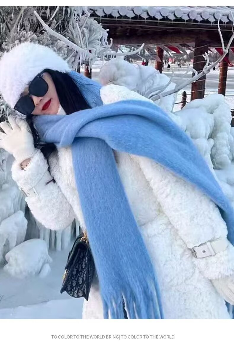 智敏同款2025秋冬款纯色围巾保暖防寒马海毛加厚保暖披肩流苏围脖详情4