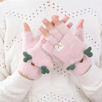 Sweet and warm cashmere gloves with Japanese and Korean styles, cartoon animals, full-bag gloves for girls, neck-hanging cold-proof mitten gloves Application Scenario
