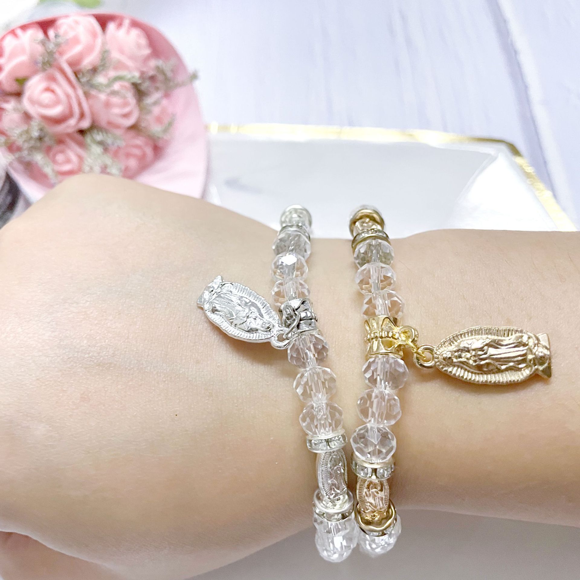 Europe And The United States Foreign Trade Cross-Border New Sales Of Alloy Mary Church Rosary Mary String Crystal Bracelet Cross Beaded Bracelet Manufacturers Wholesale details Picture