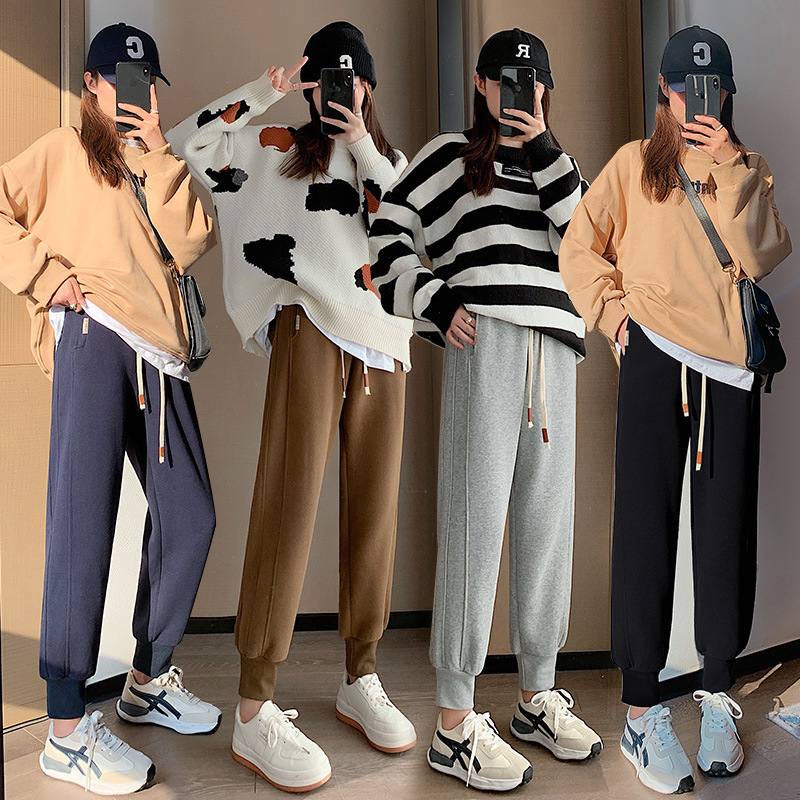 Coffee Color Sports Pants Women Spring And Autumn 2023 New Splicing Loose Thin Leisure Elastic Waist Bundle Feet Harun Wei Pants Application Scenario