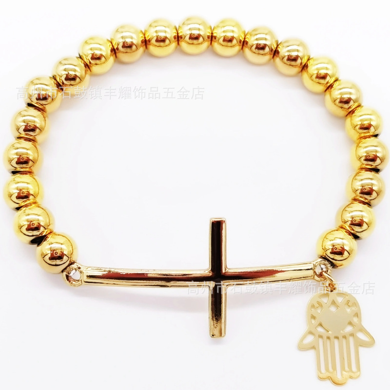 跨境热卖8mm不锈钢串珠加十字架弯牌手链圆珠手链diy弹力绳手链详情20