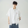 Textured, slightly wrinkled, contrasting color striped short-sleeved shirt for men's season, new Japanese-style loose and casual lapel shirt jacket q details Picture