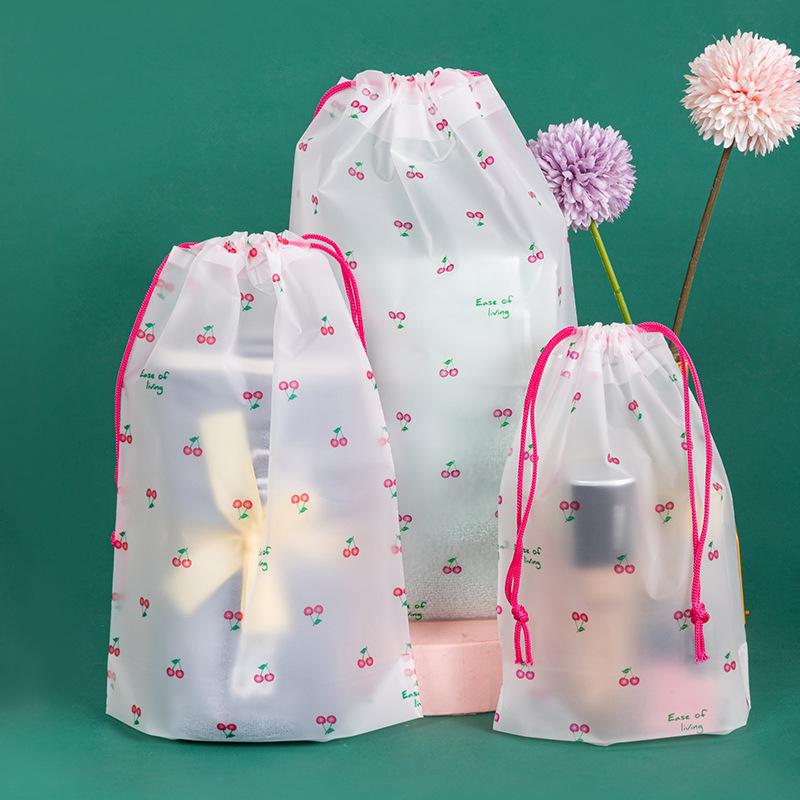 Small Cherry Drawstring Pocket Children's Towel Hat Sock Bag Pink Printed Translucent Frosted Bag Application Scenario