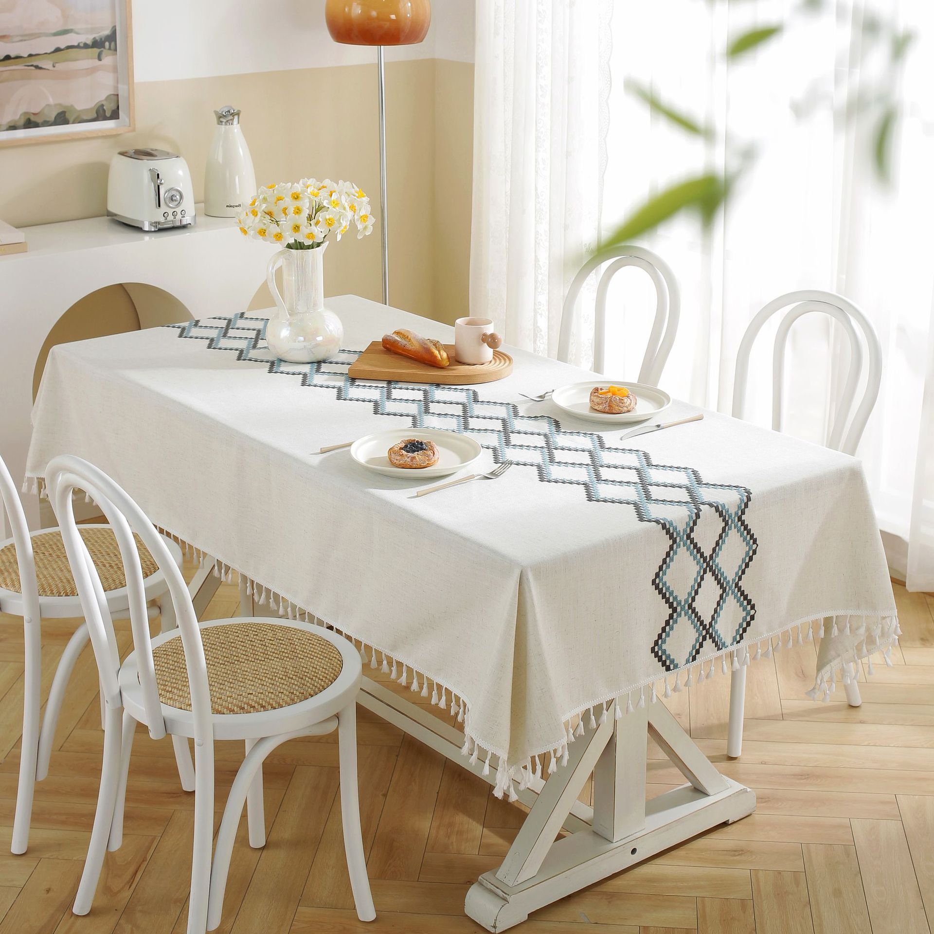 New linen embroidered cross tablecloth, solid color tablecloth, coffee table pad, cotton and linen decorative table, ins style bestseller, rectangular Specification image