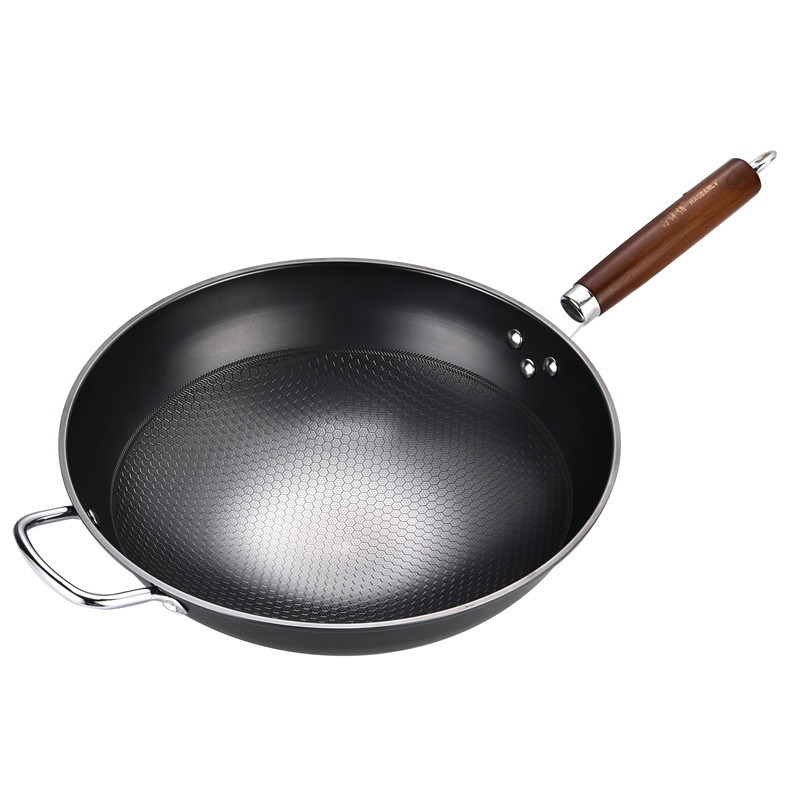 Fabricante al por mayor neumático nitrogenado honeycomb levitación wok sin recubrimiento antiadherente wok de hierro wok regalo una pieza de reemplazo de cabello Item Picture
