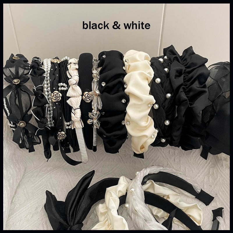 Pearl Headband High Cranial Top Advanced Sense Spring Summer Black Tie Small Incense Headband Korean Hair Bow Hair Grottoes Application Scenario