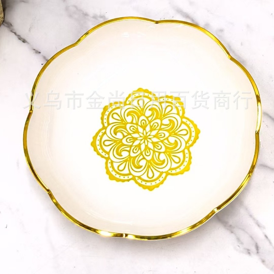 Round, simple, milky white plastic PET plate for home living room, with a high-end feel. Fruit plate, dried fruit plate, snack plate with gold edge Item Picture