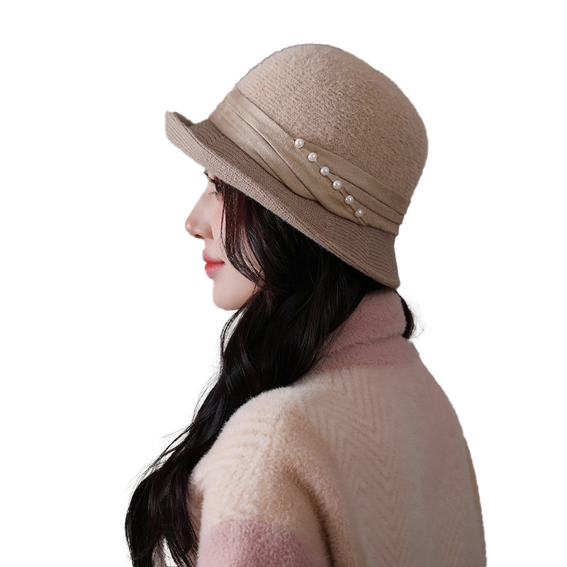 韩版新款针织前翘盆帽子女户外显脸小时尚珍珠纯色小礼帽厂家直营详情图5