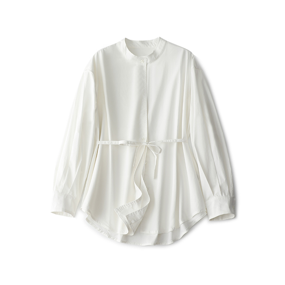 This Korean-style stand-up collar and waist lace-up shirt is a versatile, loose, and slimming simple coat for women's casual wear. It's a new early autumn style Item Picture