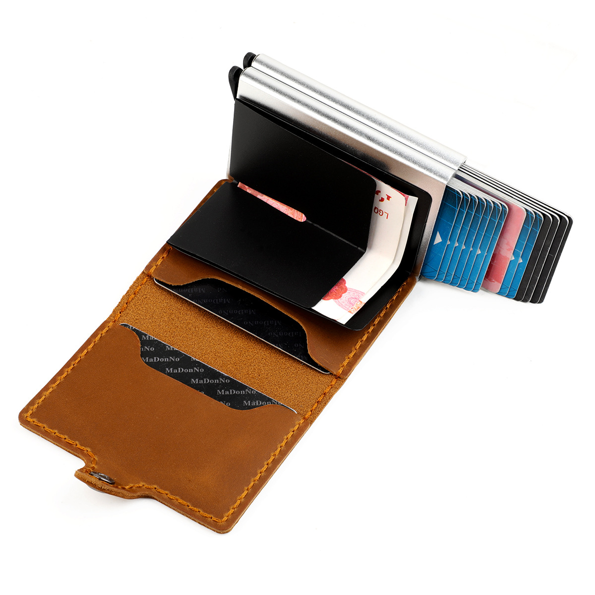 Crazy Horse Leather Aluminum Box Double-Layer Card Bag Anti-Theft Brush Automatic Pop-Up Card Bag Creative Manual Dollar Clip Real Pickup Sleeve Application Scenario
