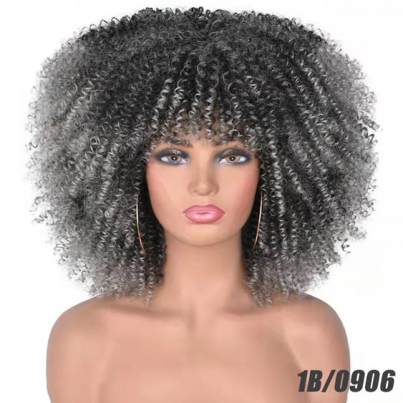 Cross-border European and American black chemical fiber women's hair manufacturer wigs African small curly hair explosion wig full head set Item Picture