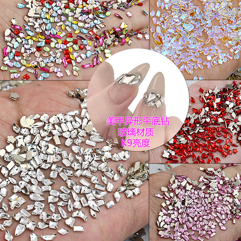 Mixed set of K9 glass super shiny mini irregular-shaped flat-bottomed diamond small white colored champagne nail drill nail accessories