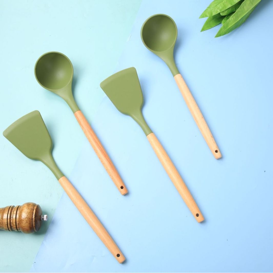 新款硅胶厨具木柄双拼套装耐高温食品级不粘锅铲勺厨具套
