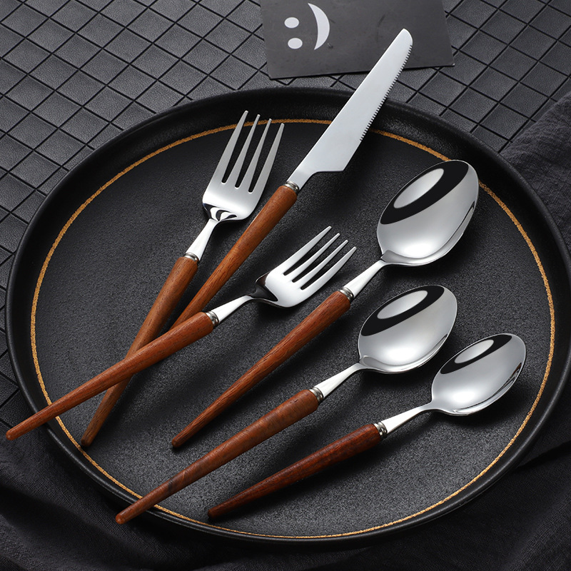 Wooden Handle 304 Stainless Steel Tableware Set Portuguese Steak Knife And Fork Western Knife And Fork Dessert Spoon Dessert Fork details Picture