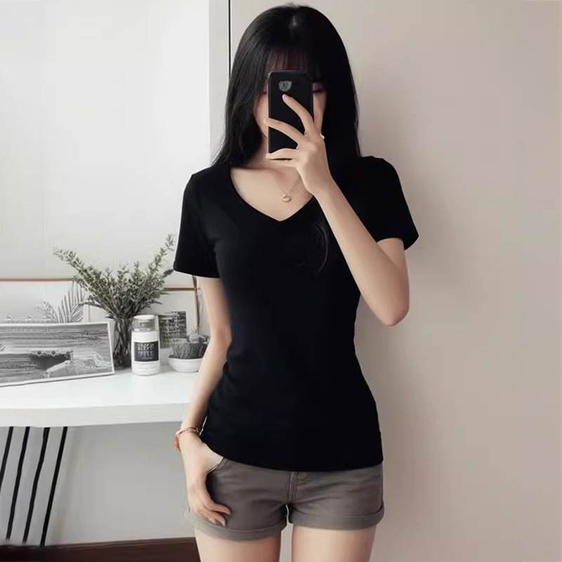 Yizhixin off-the-shoulder T-shirt for women, summer short-sleeved V-neck, round neck, thickened, slimming and waist-cinching design, American spice girl top Specification image
