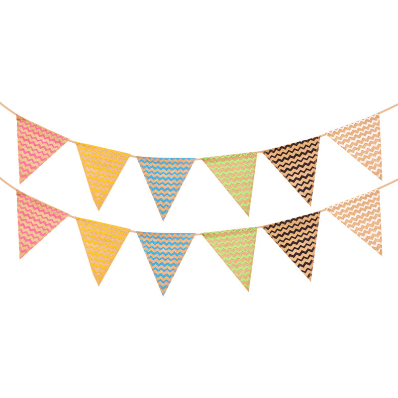 Factory direct supply of linen flags, colorful flags, European and American Christmas and wedding party banners, wavy linen triangular flags Item Picture