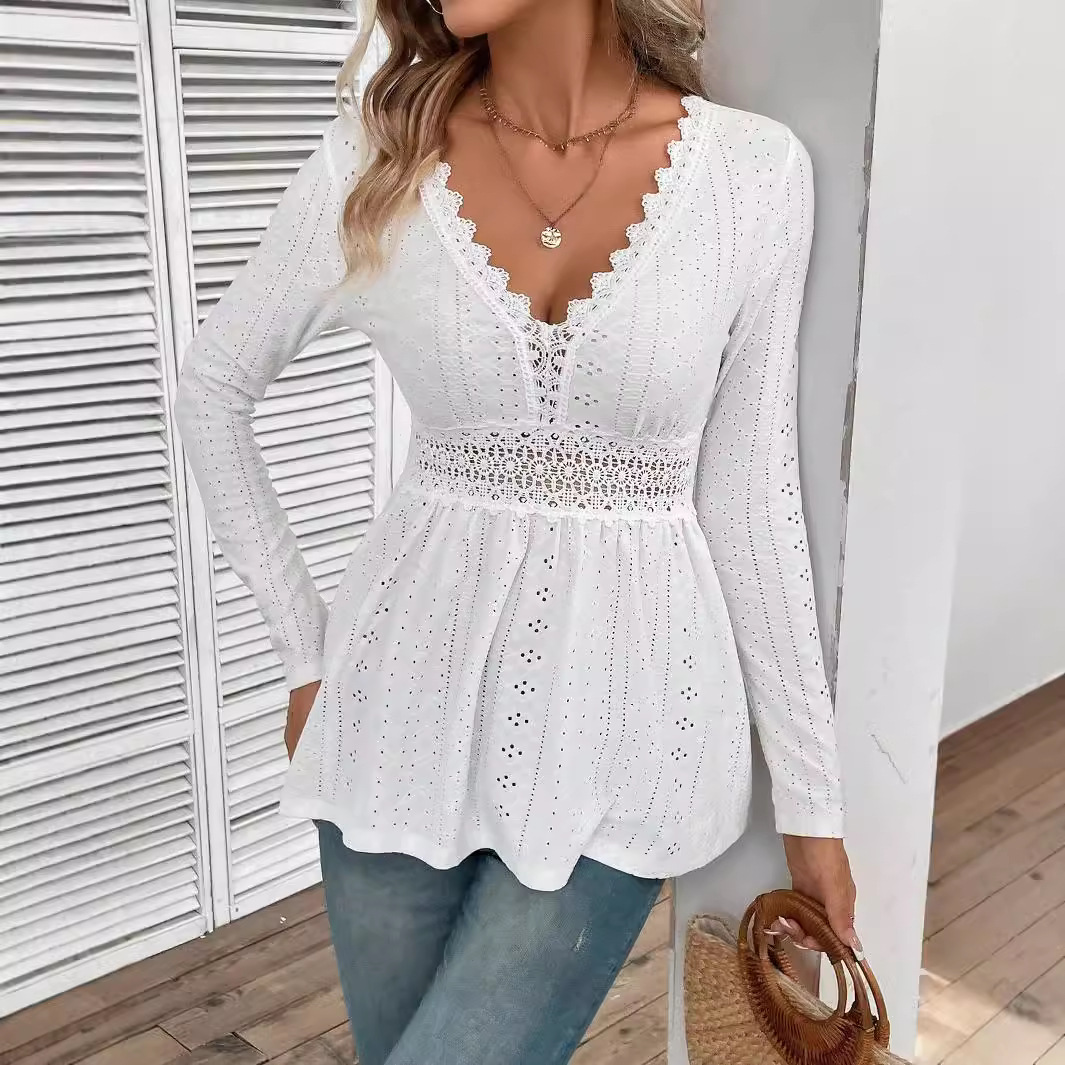 European and American cross-border 2025 Spring New elegant women's solid V-neck patchwork lace long-sleeved T-shirt top for women