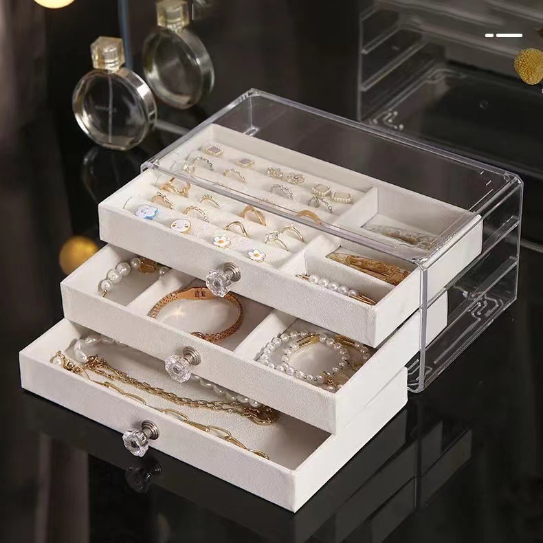 Three-layer flannelette jewelry storage box Earrings storage box jewelry dust-proof multi-functional drawer type treasure box Specification drawing